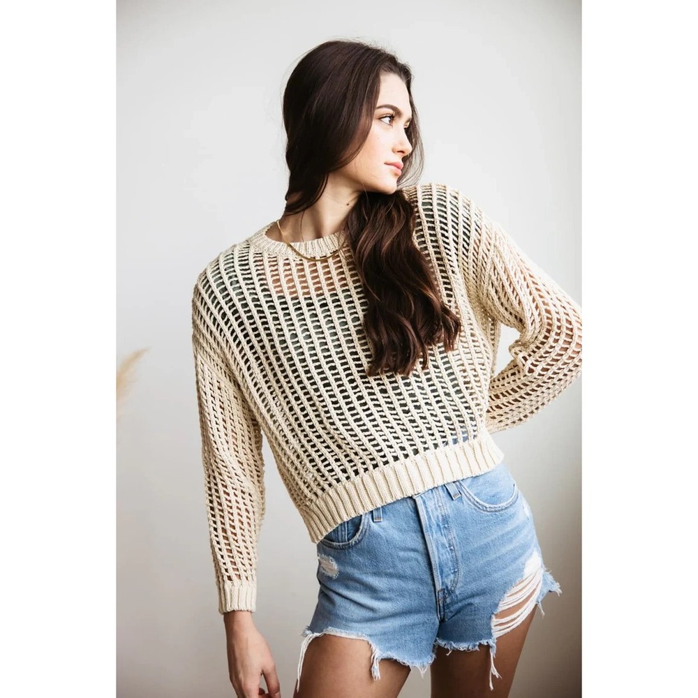 Aaron & Amber Crochet Long Sleeve‎ Sweater M Beige Neutral Boho Chic Cottagecore